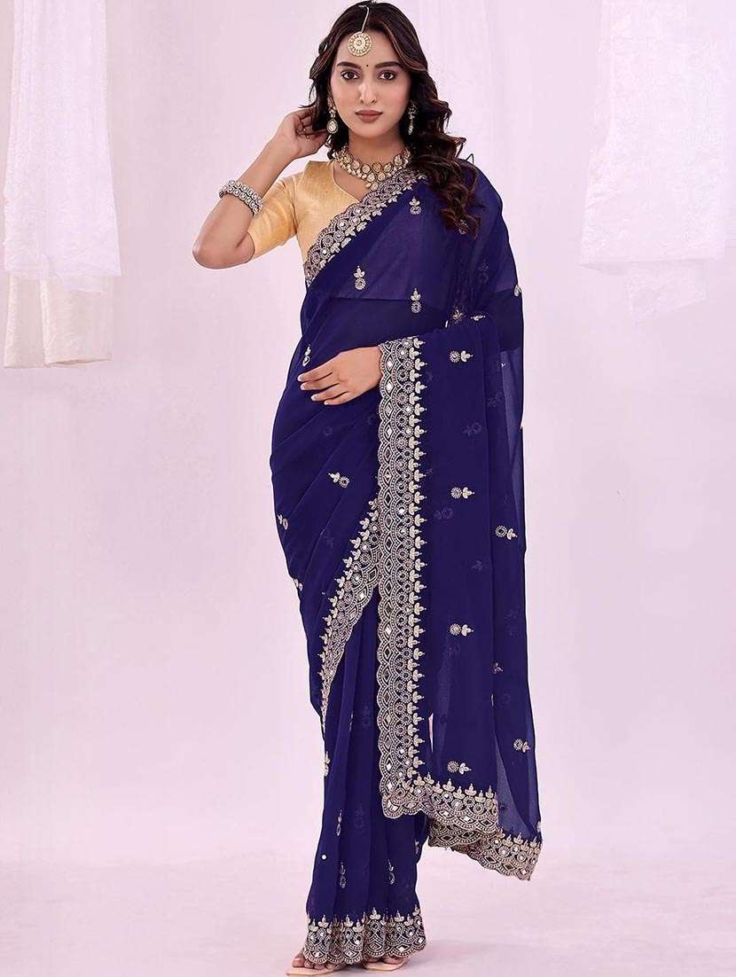 women solid with work embroidered saree with blouse
