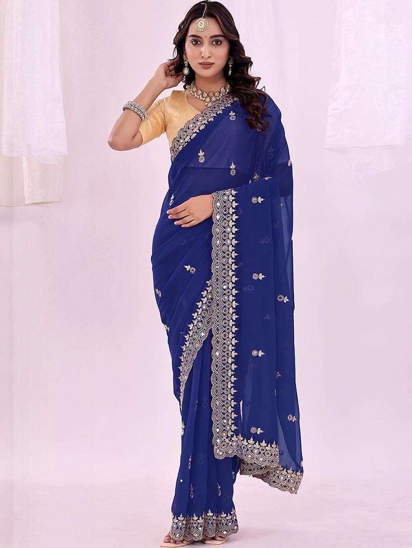 women solid with work embroidered saree with blouse