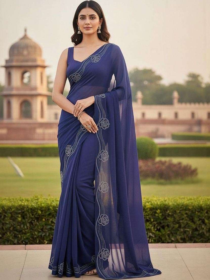 women solid with embellished bordered saree with blouse
