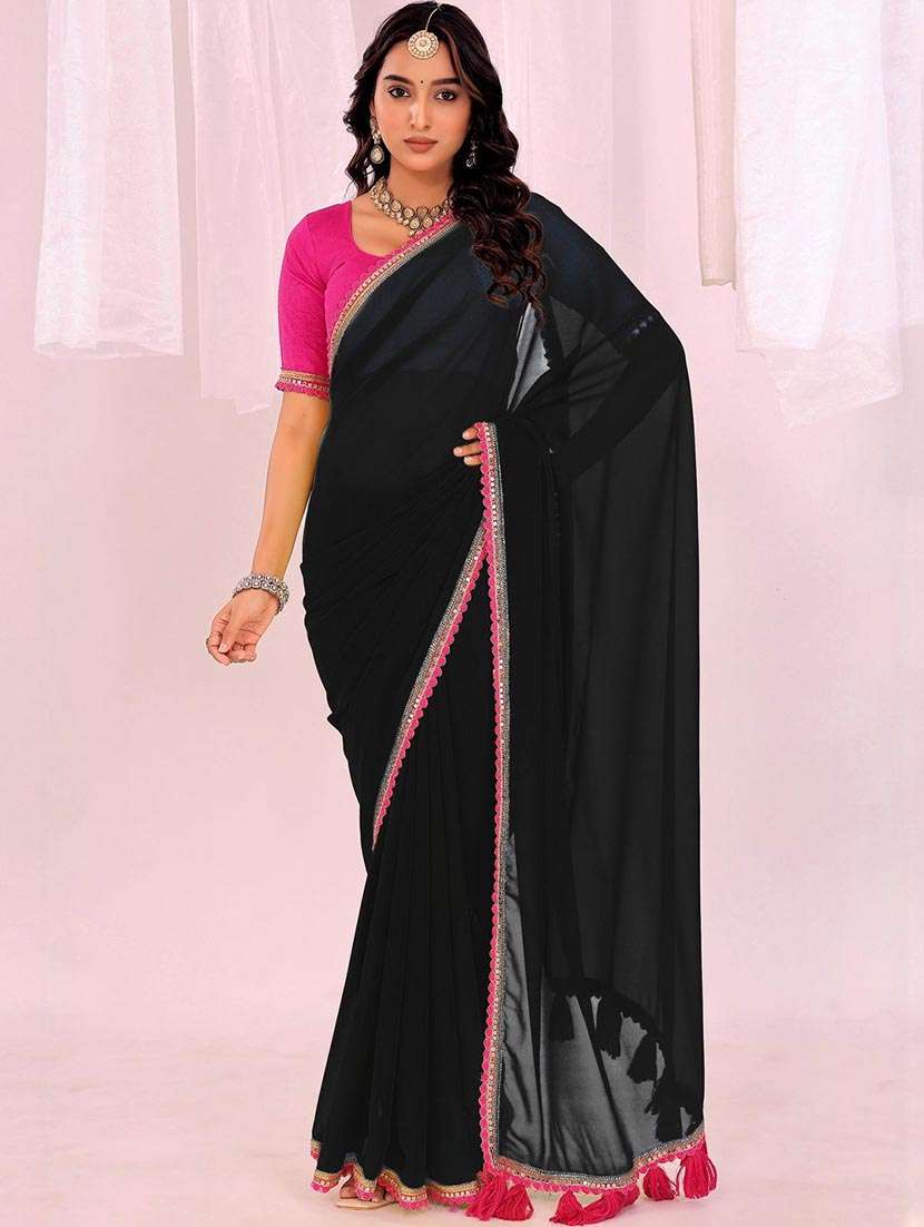 women solid with bordered saree with blouse