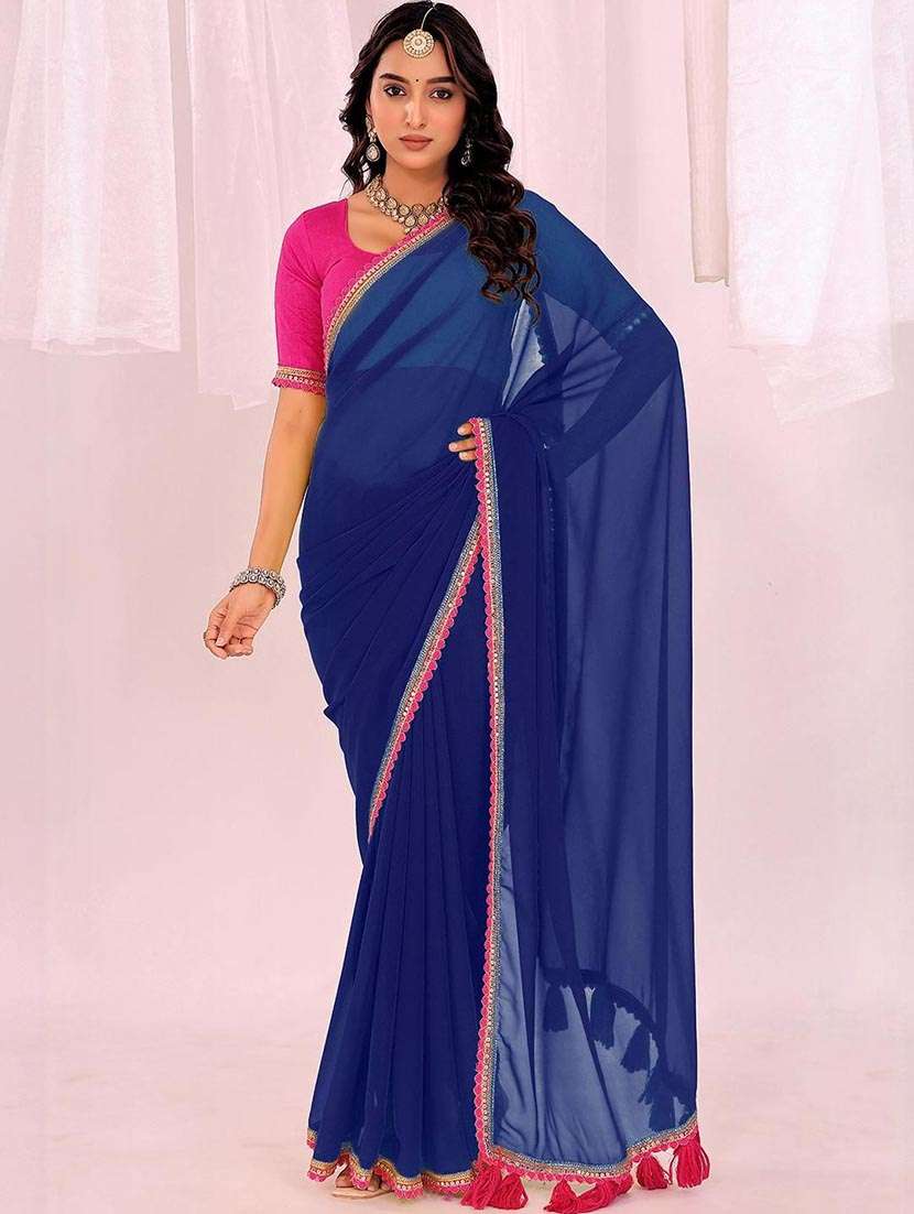 women solid with bordered saree with blouse