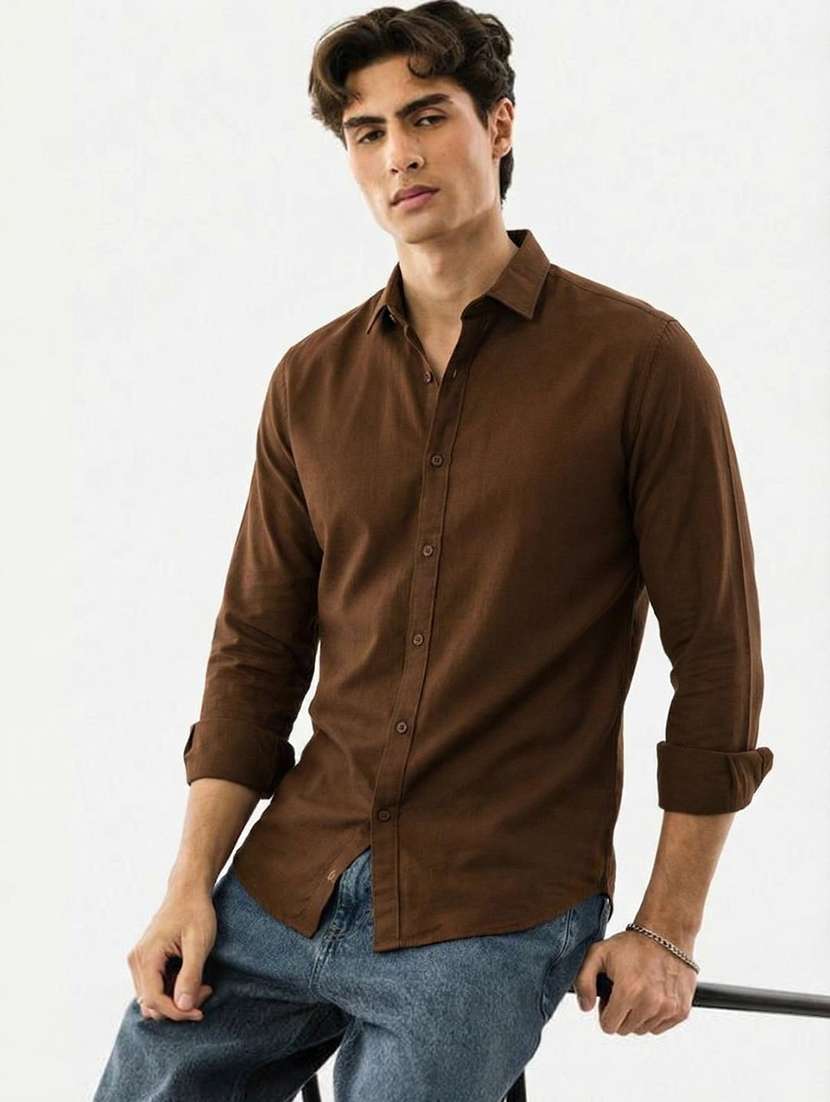 coffee brown cotton blend casual shirt