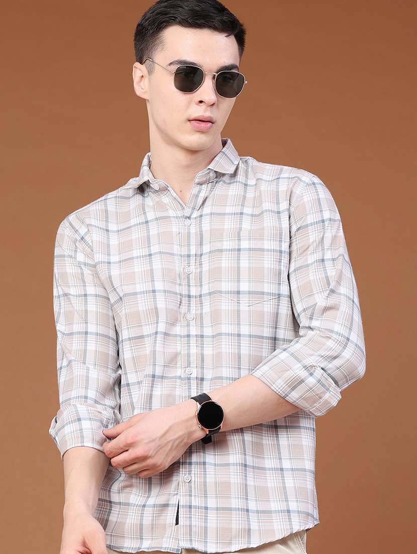 men checkered long sleeve slim fit casual shirt