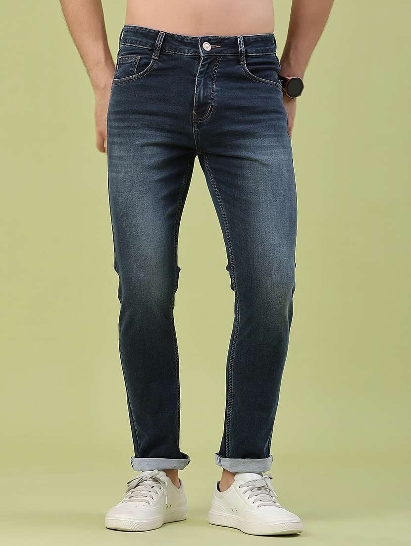 men washed mid rise full length slim fit jeans
