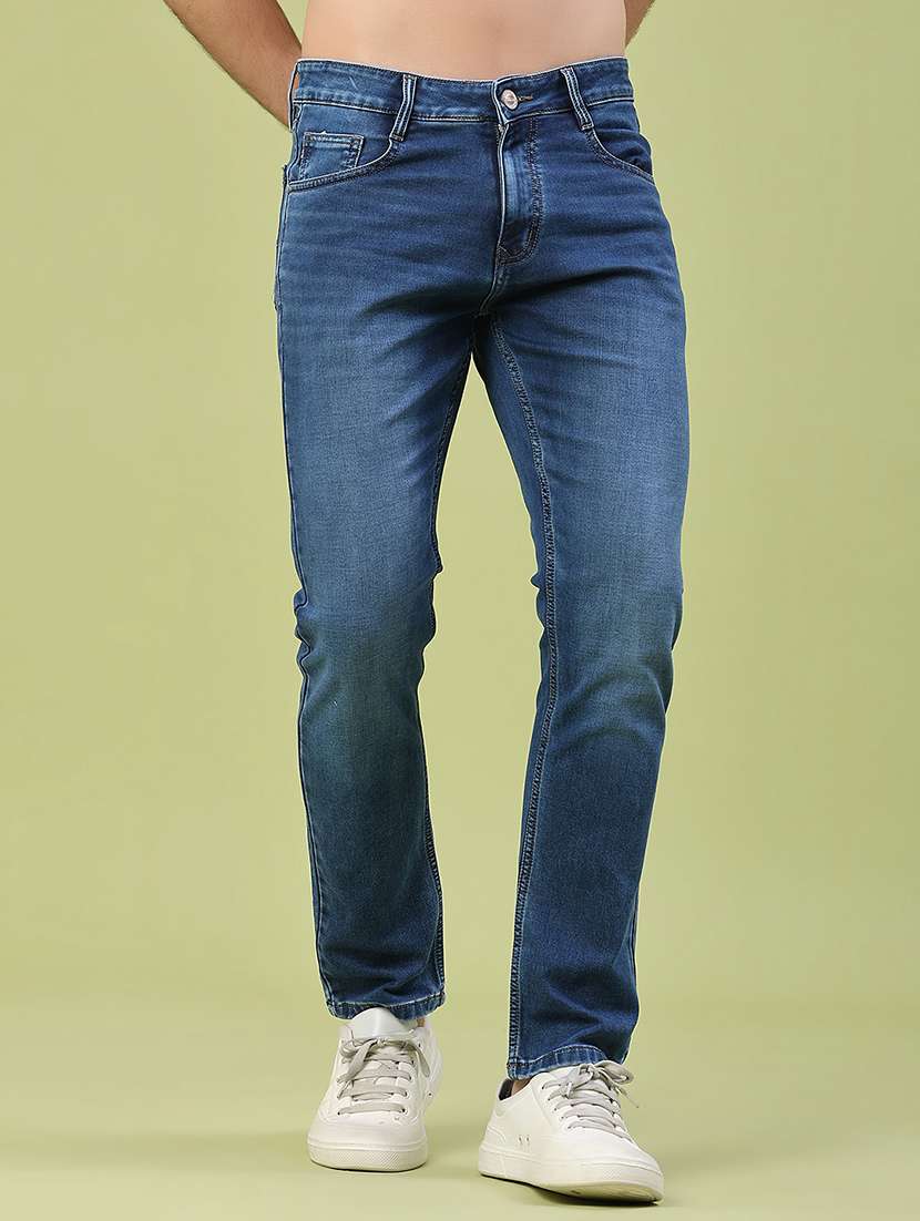 men washed mid rise full length slim fit jeans