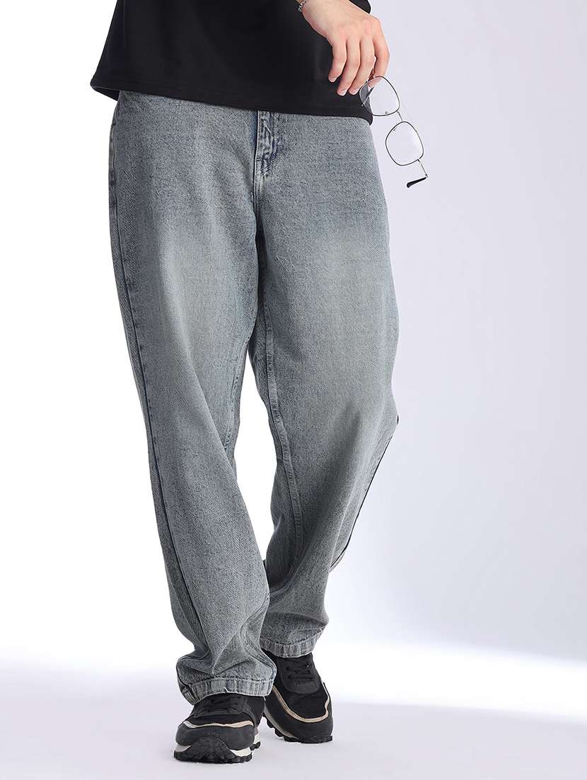men washed mid rise full length baggy jeans