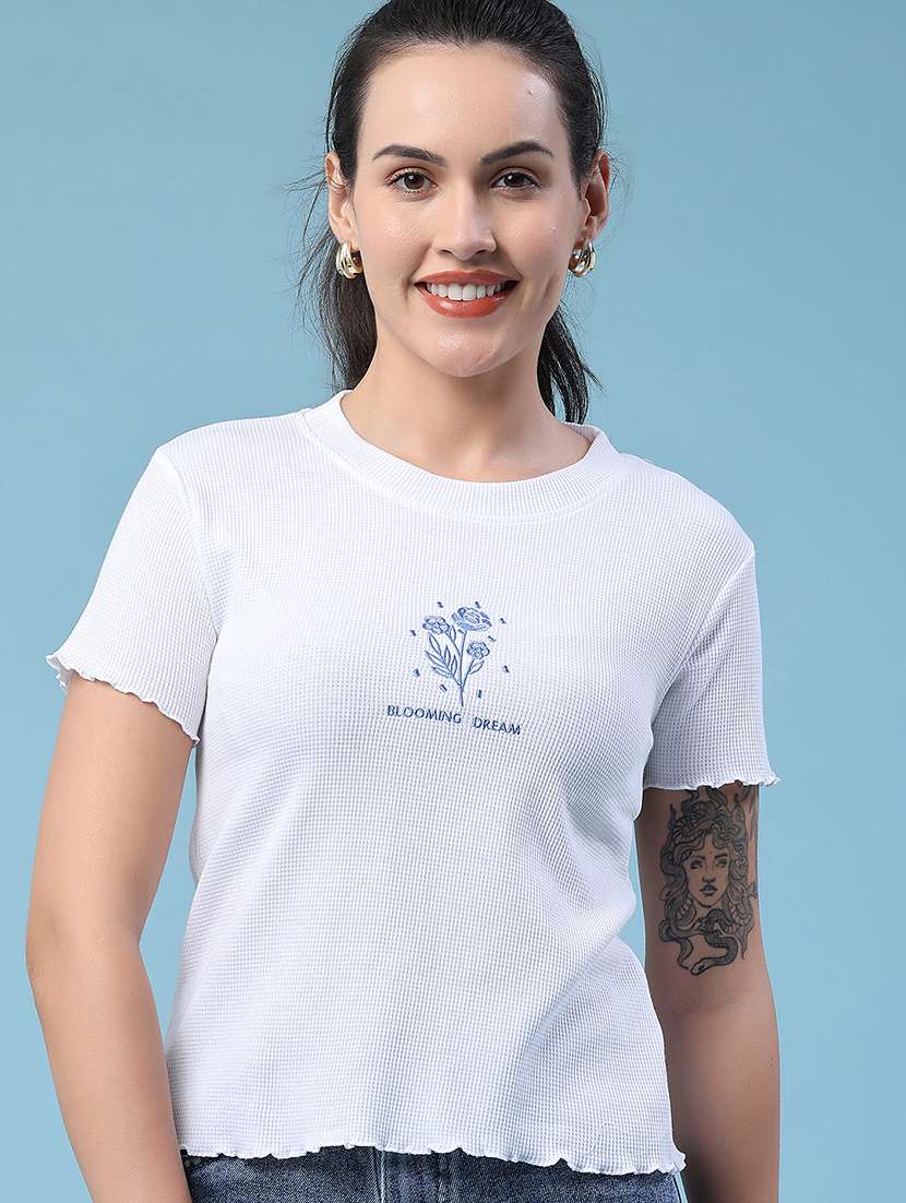 women embroidered round neck regular t-shirt