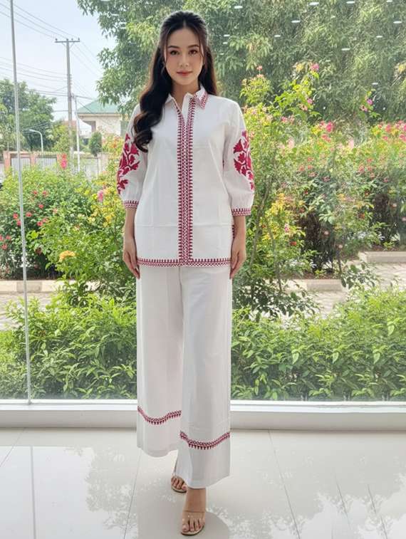 women embroidered shirt and trouser co-ord set