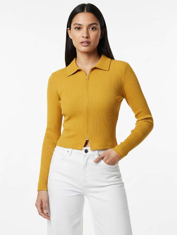 women solid yellow rib knit regular top