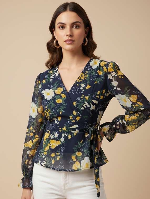 women floral navy blue georgette wrap top