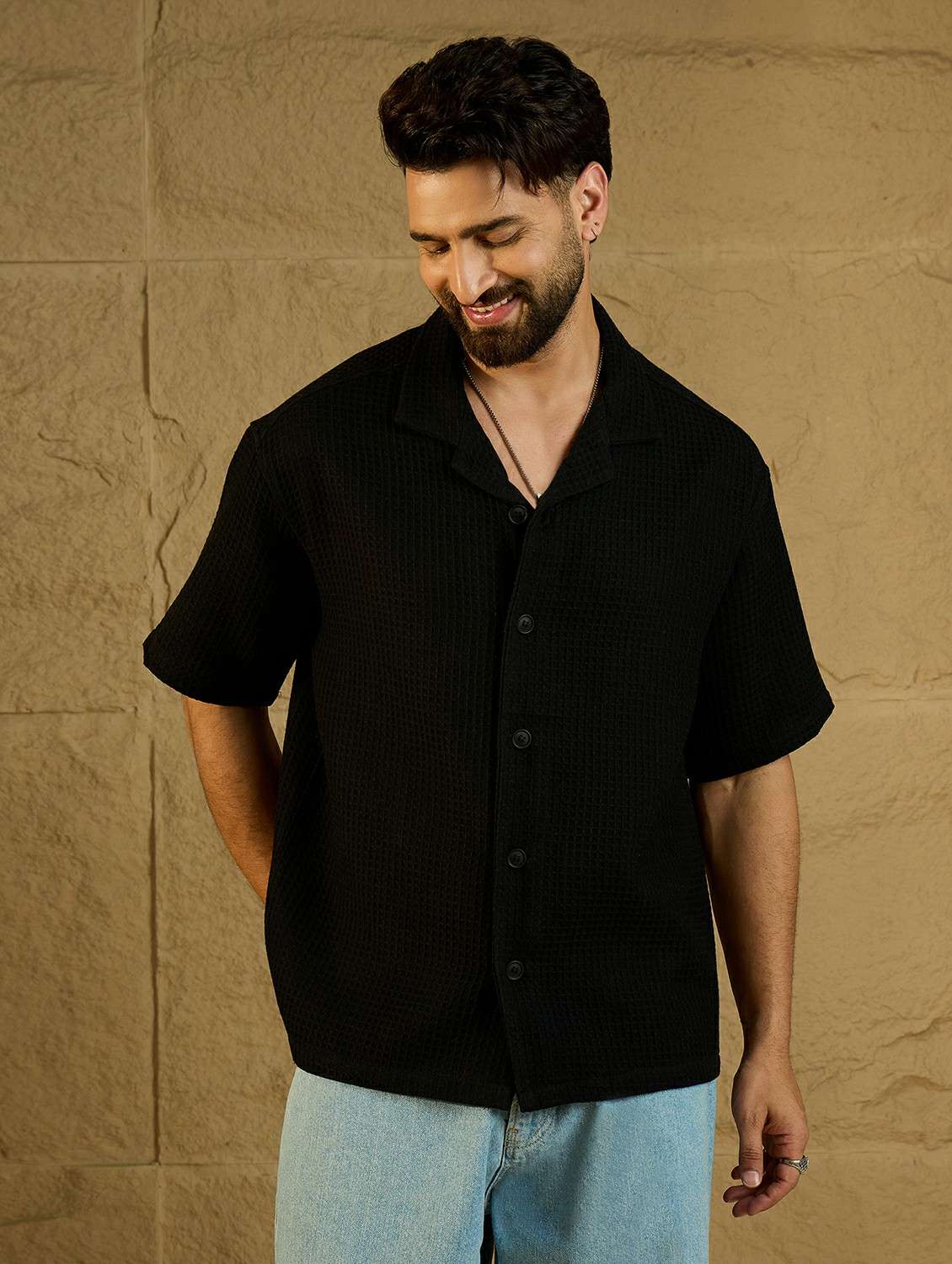 men textured short sleeve oversized casual shirt