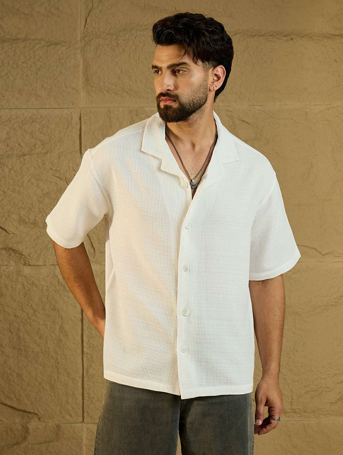 men textured short sleeve oversized casual shirt