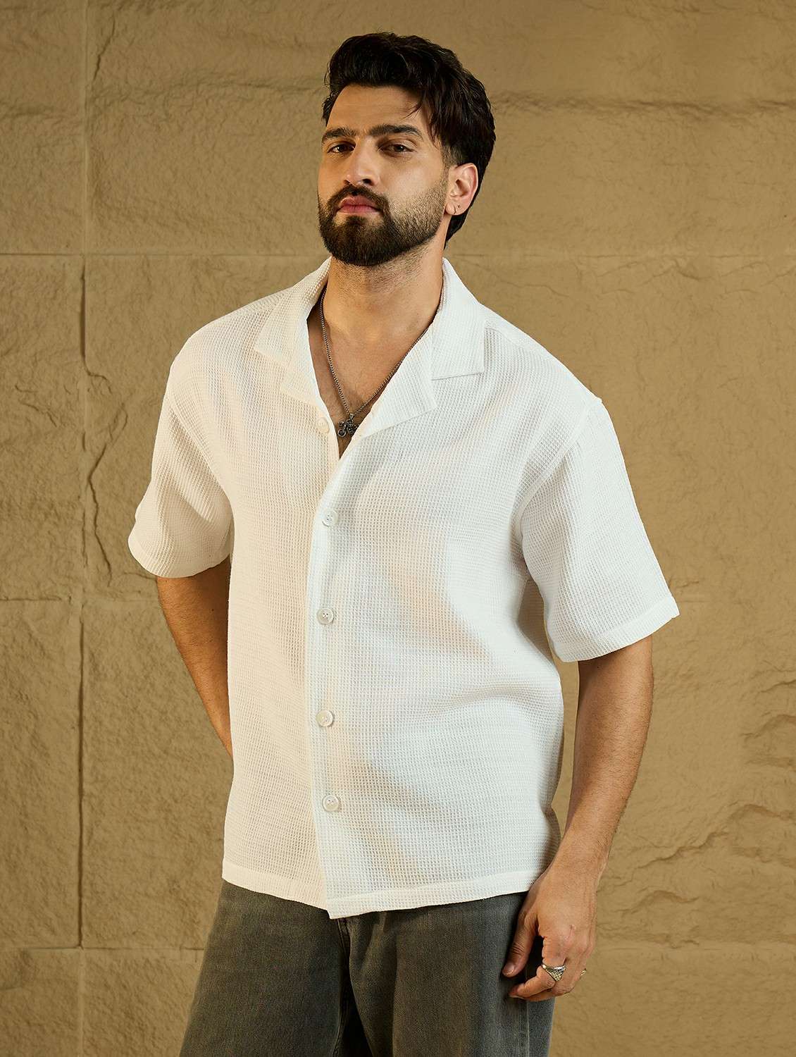 men textured short sleeve oversized casual shirt - 22438383 -  Standard Image - 3