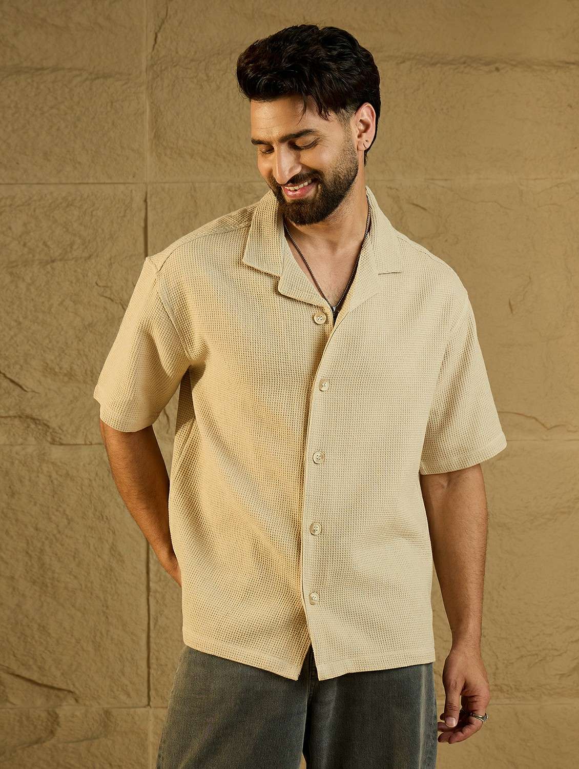 men textured short sleeve oversized casual shirt