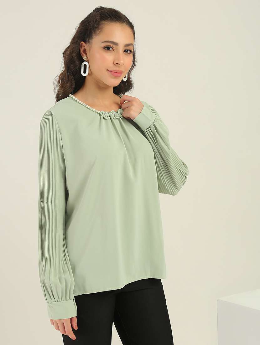 Women Green Solid Long Sleeves Top - 22438436 -  Standard Image - 3