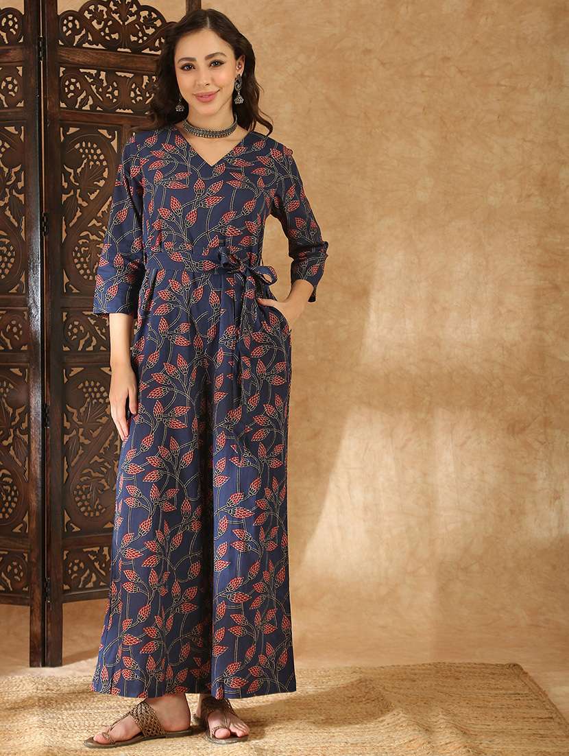 women blue cotton full leg jumpsuit