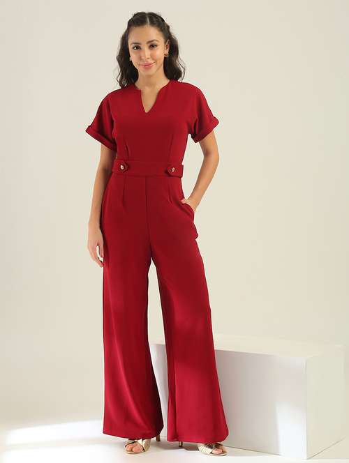 Women Maroon Polyester Full Leg Jumpsuit