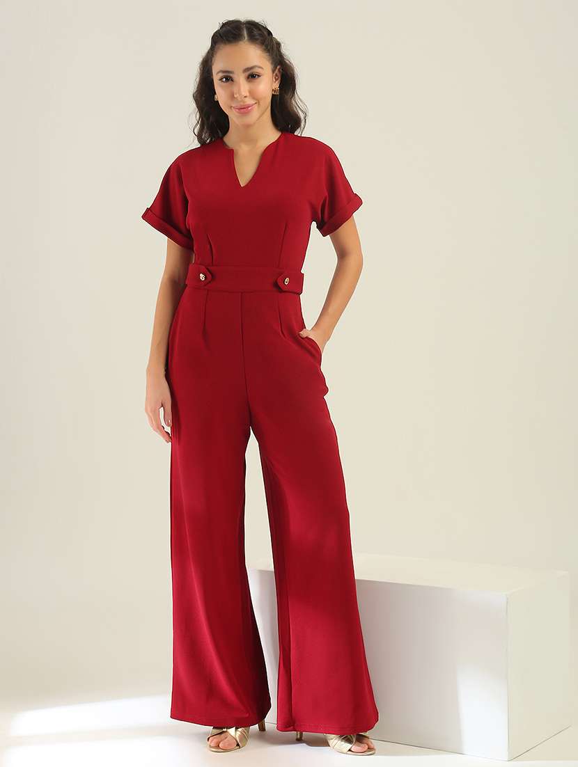 women maroon polyester full leg jumpsuit