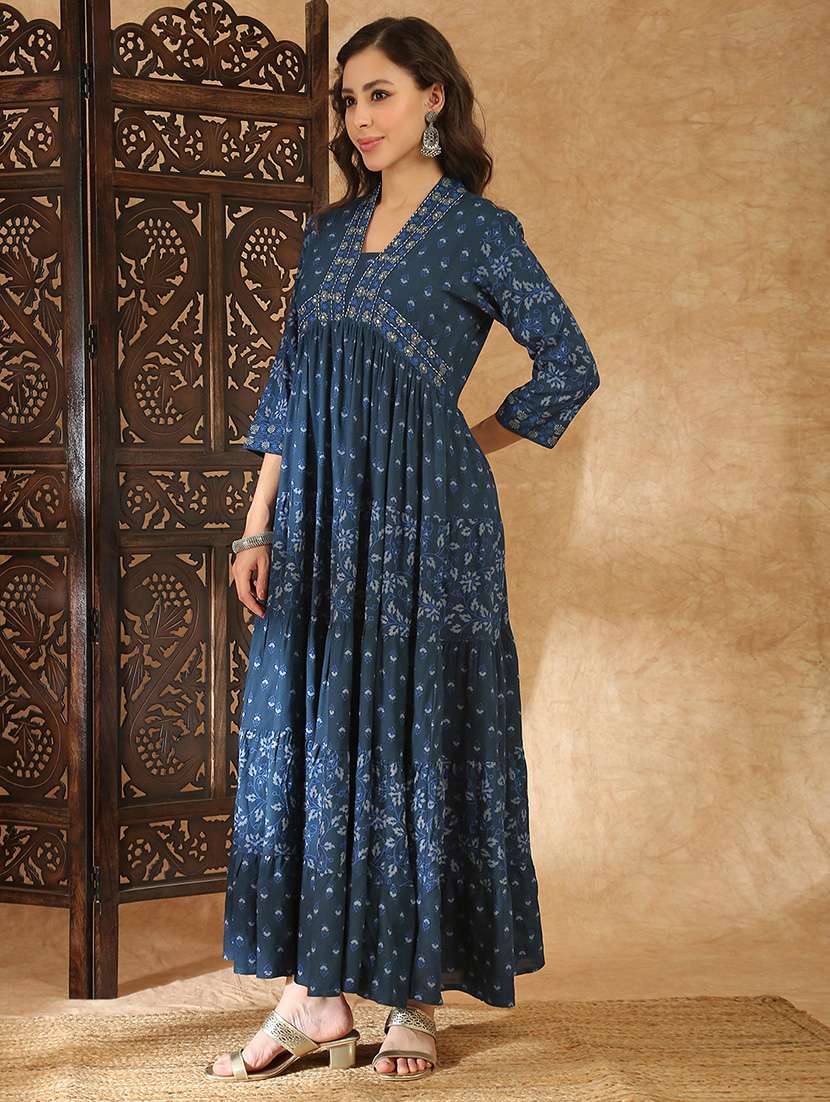 women blue rayon a-line ethnic dress - 22438472 -  Standard Image - 3