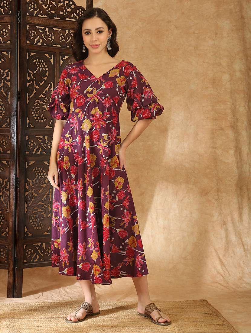 women purple rayon a-line ethnic dress