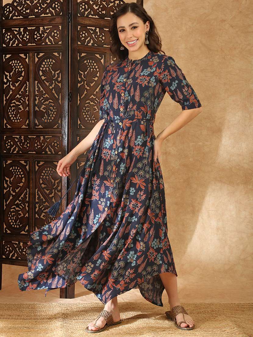 women navy blue rayon a-line ethnic dress