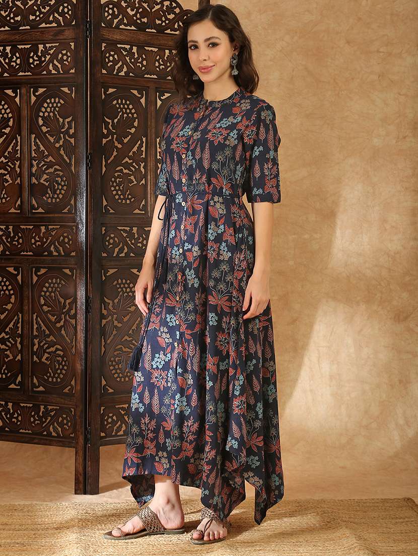women navy blue rayon a-line ethnic dress - 22438475 -  Standard Image - 3