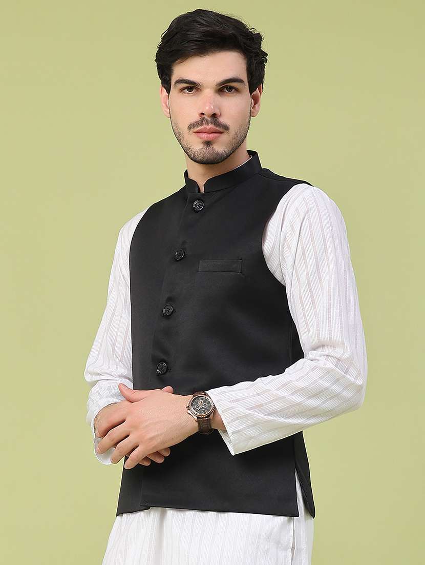 men solid mandarin neck regular fit nehru jacket - 22438642 -  Standard Image - 3