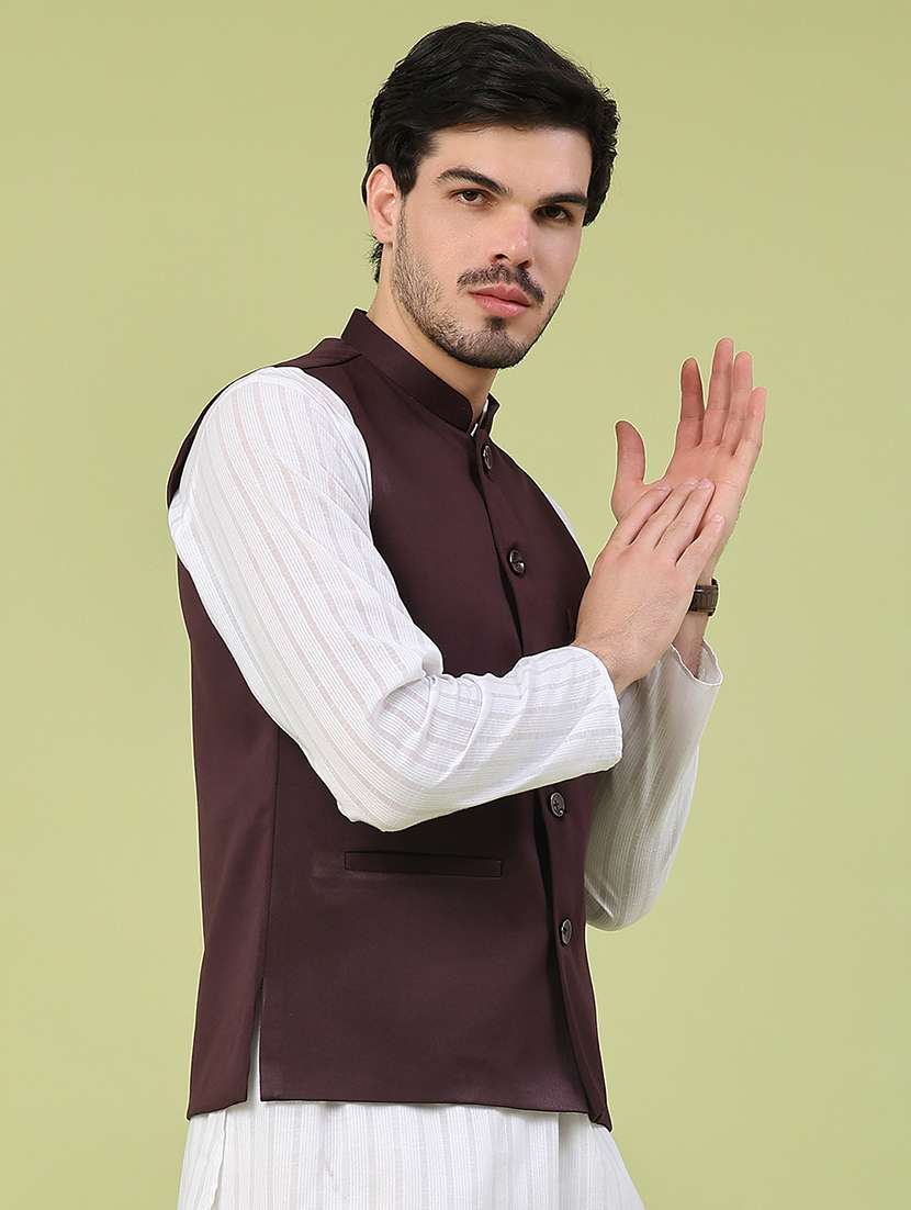 men solid mandarin neck regular fit nehru jacket - 22438643 -  Standard Image - 3