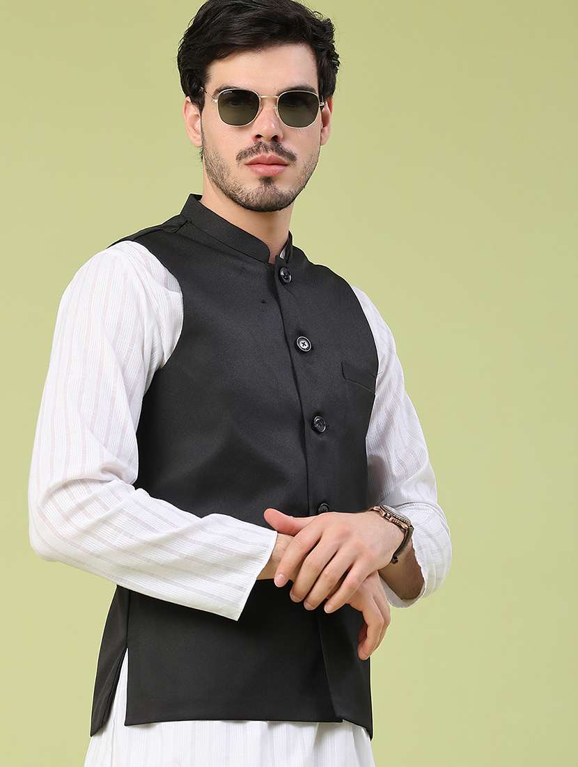 men solid mandarin neck regular fit nehru jacket