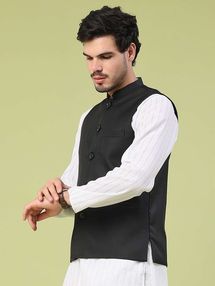 men solid mandarin neck regular fit nehru jacket - 22438645 -  Standard Image - 3