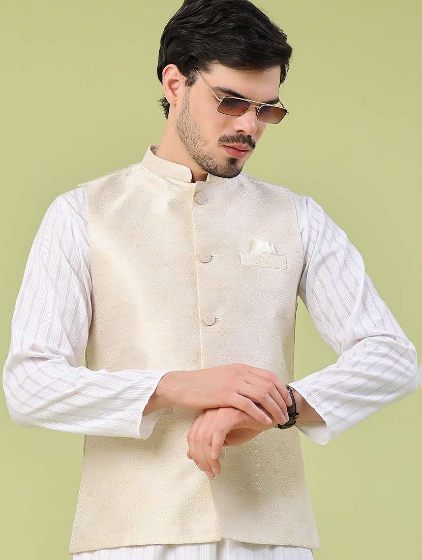 men self design mandarin neck regular fit nehru jacket