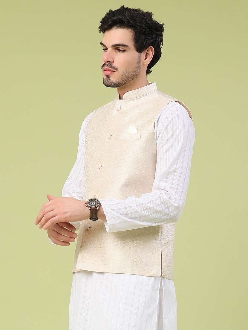 men self design mandarin neck regular fit nehru jacket - 22438646 -  Standard Image - 3