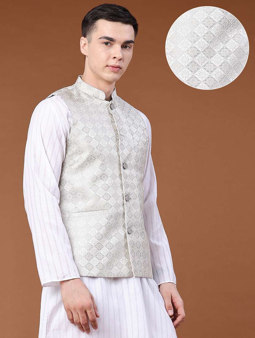 men self design mandarin neck nehru jacket - 22438648 -  Standard Image - 3