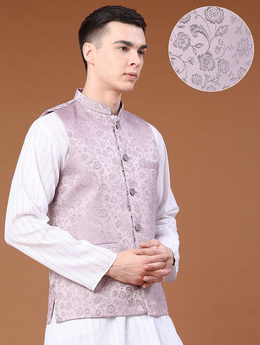 men self design mandarin neck nehru jacket - 22438649 -  Standard Image - 3