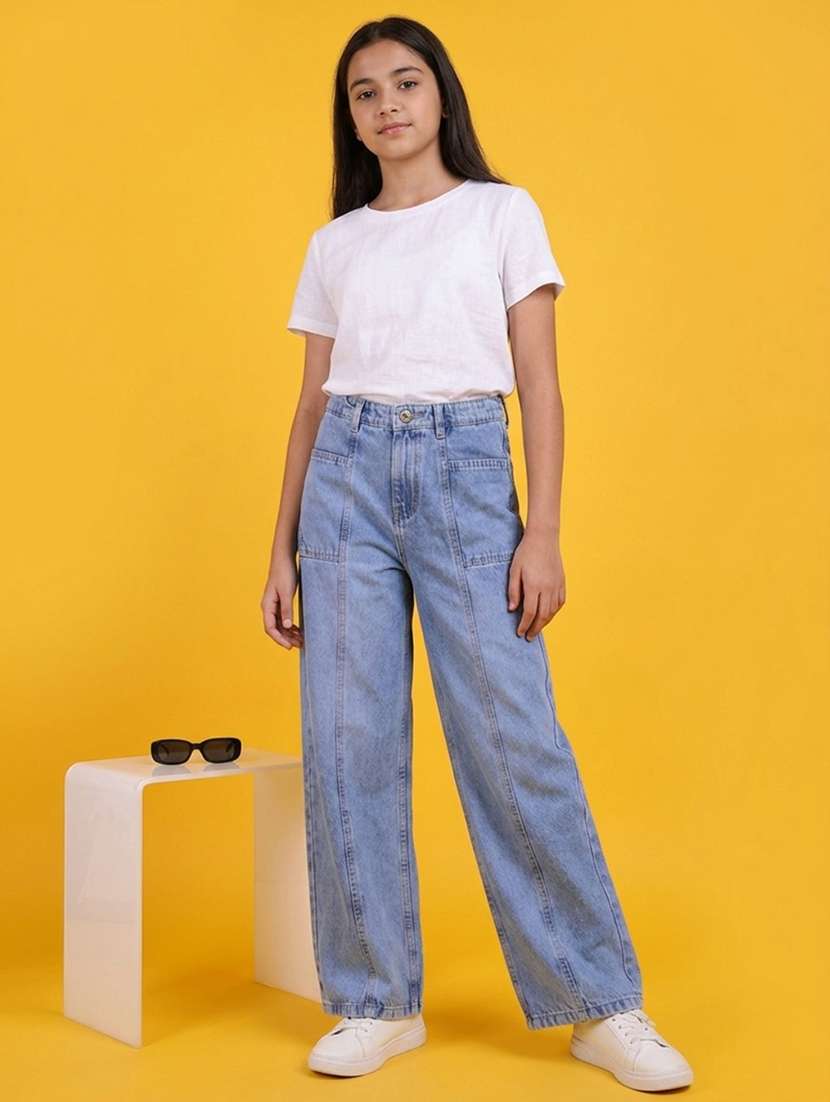 girls washed mid rise wide leg fit jeans