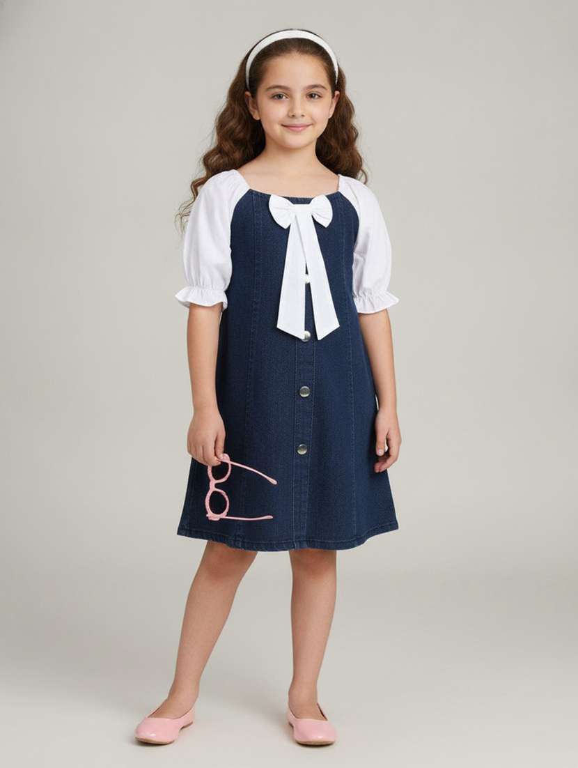 girls colourblocked puff sleeves a-line dress