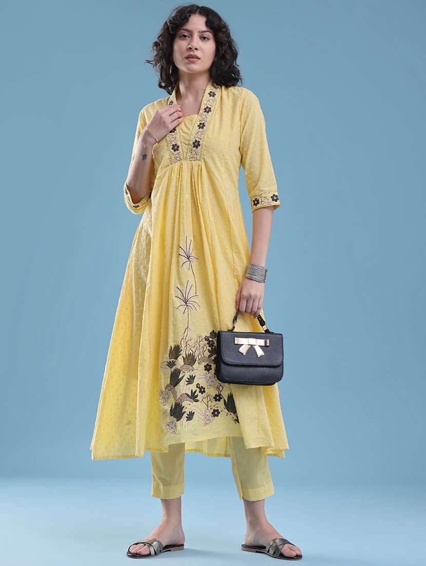 women embroidered three quarter sleeves kurta and pant set
