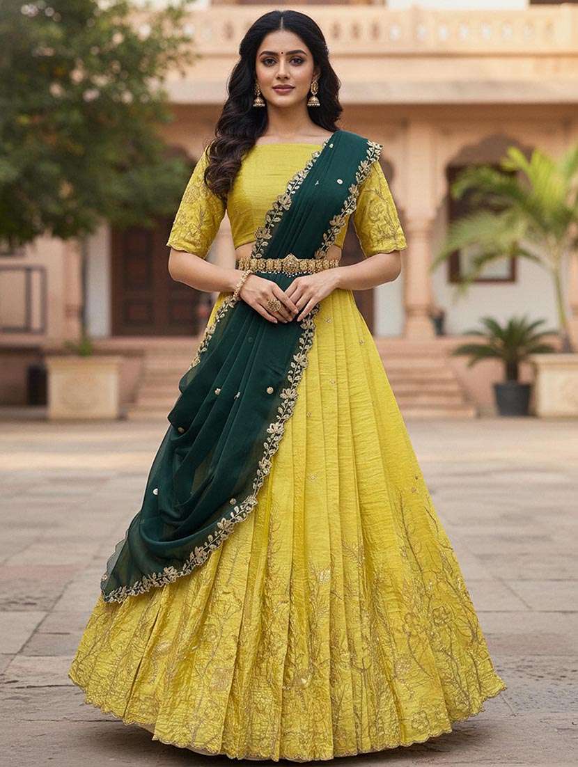 women solid with work flared unstitched lehenga choli set