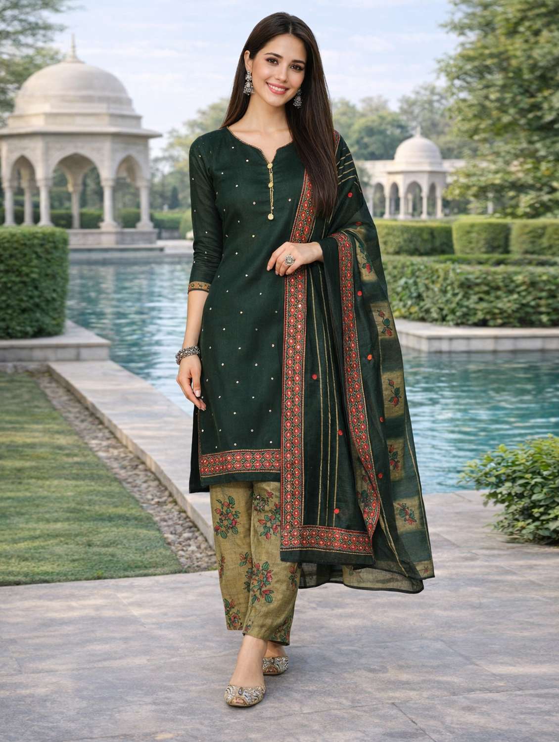 women printed three quarter sleeve kurta salwar with dupatta set