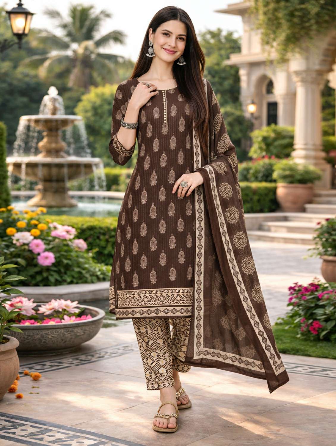 women printed three quarter sleeve kurta pant with dupatta set