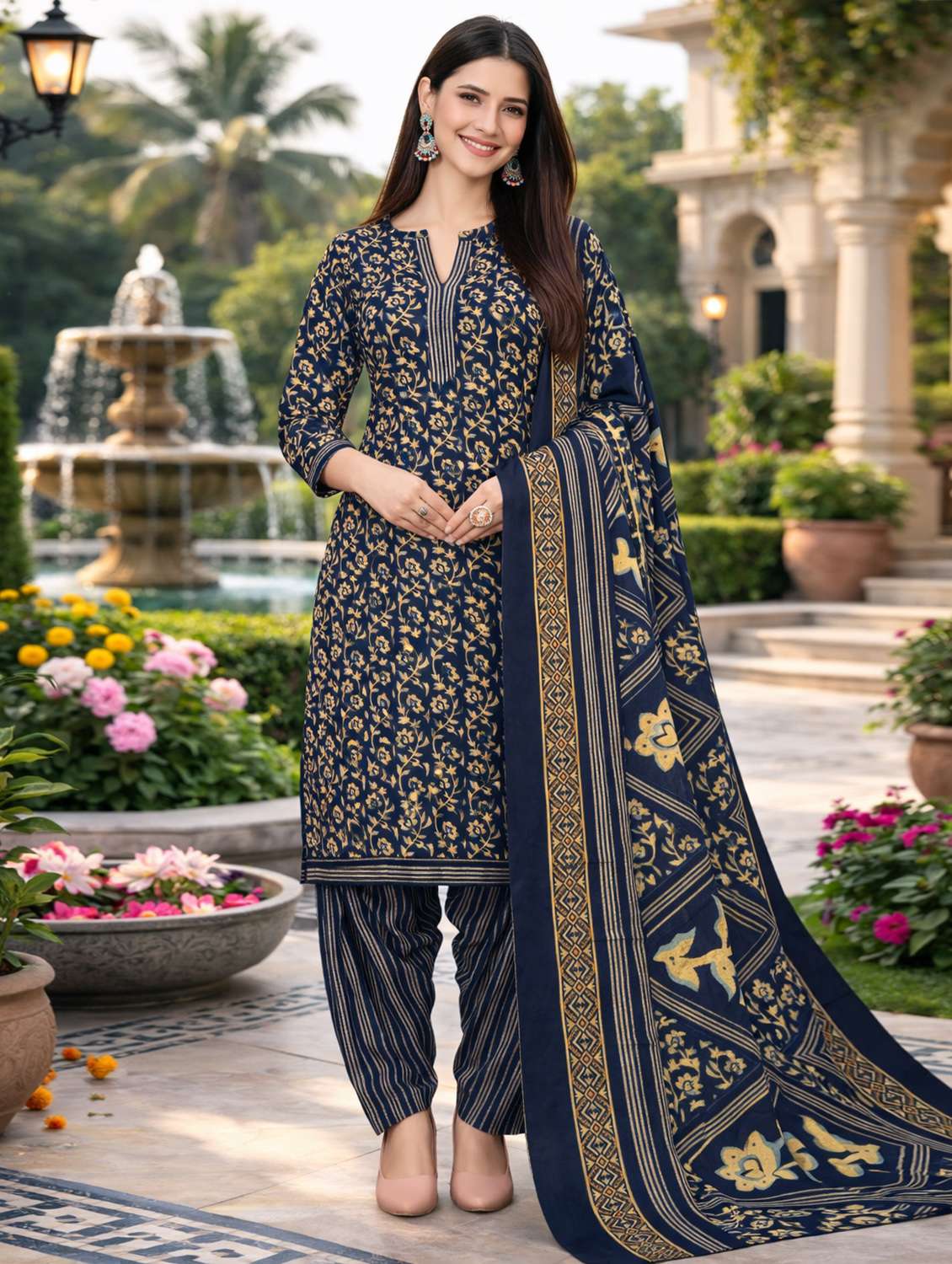 women printed three quarter sleeve kurta salwar with dupatta set