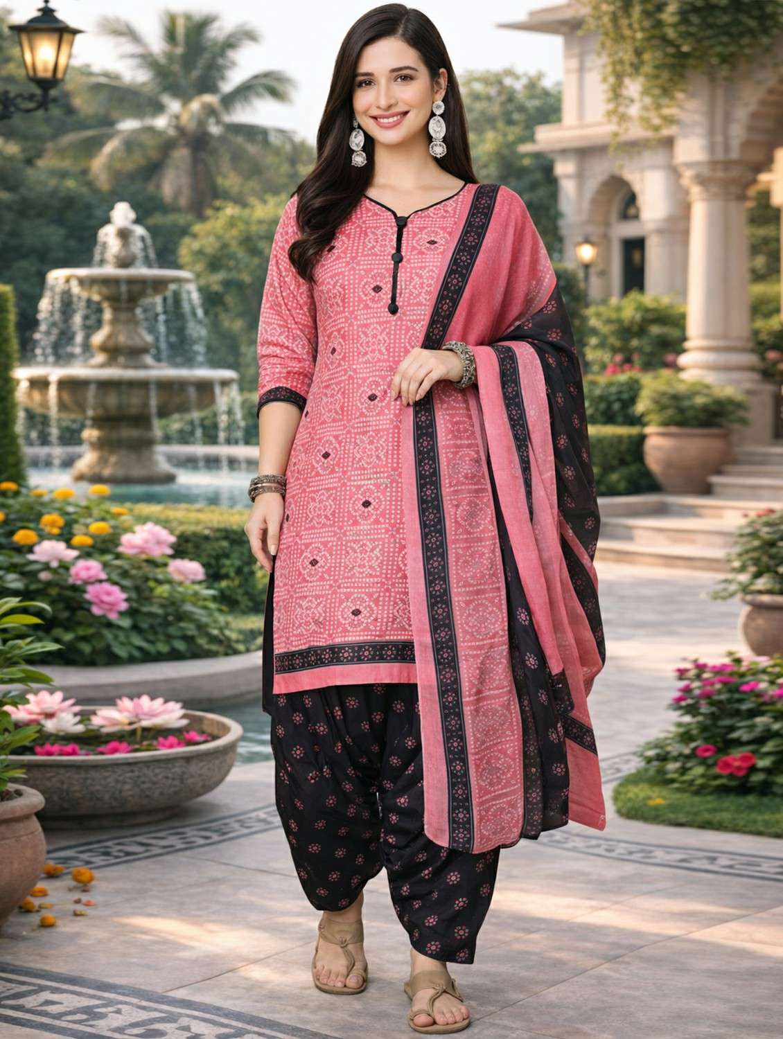 women printed three quarter sleeve kurta salwar with dupatta set