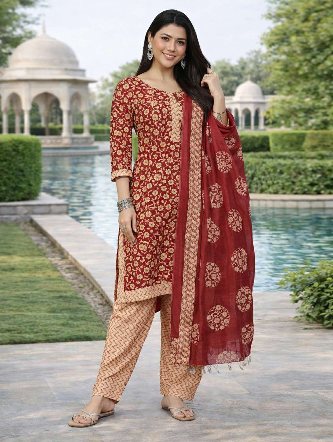 women printed three quarter sleeve kurta salwar with dupatta set