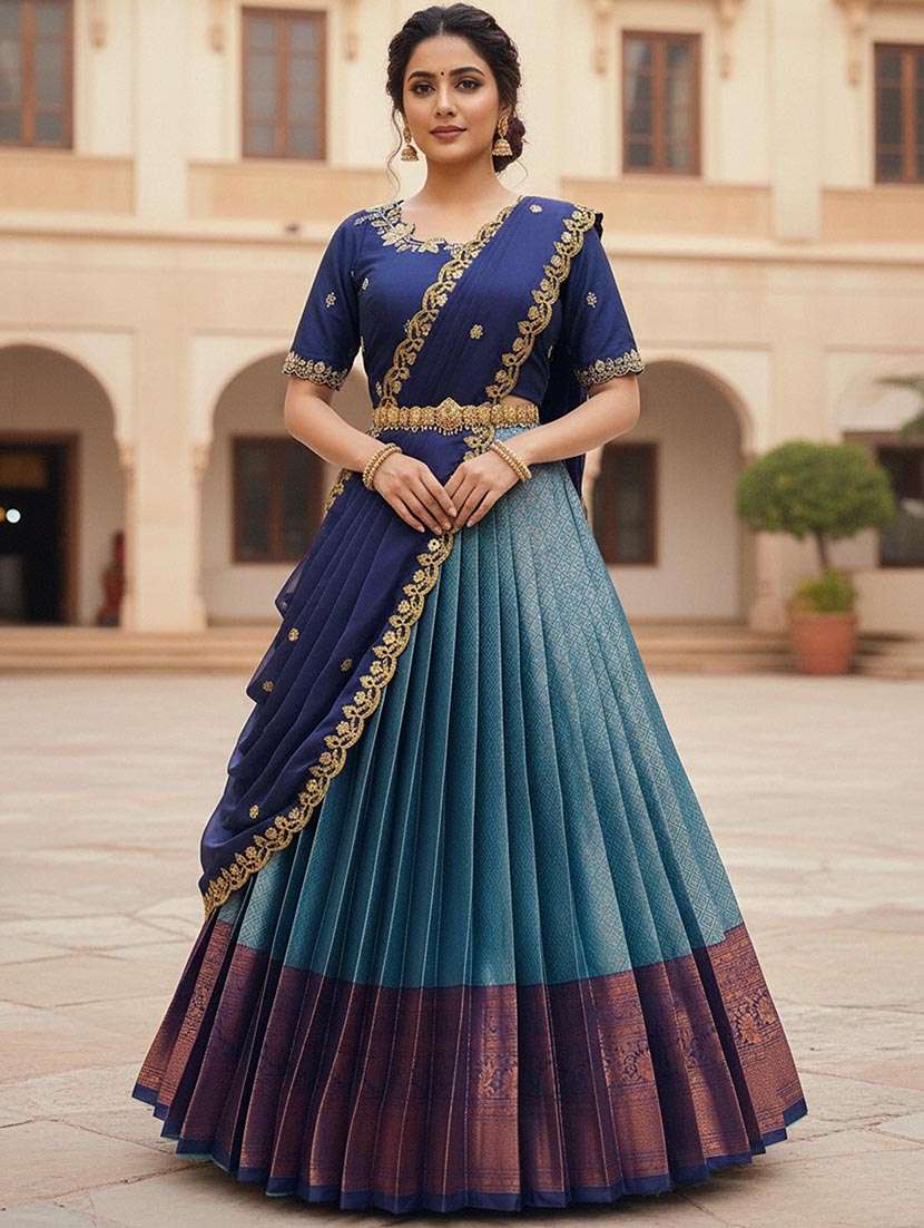 women self design flared unstitched lehenga choli set
