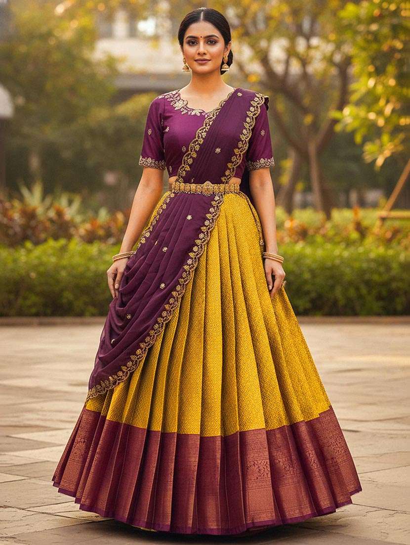 women self design flared unstitched lehenga choli set