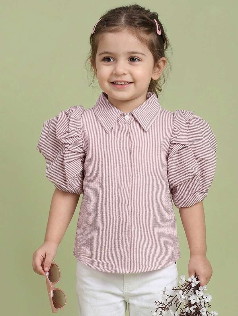 girls printed puff sleeves collared shirt style top