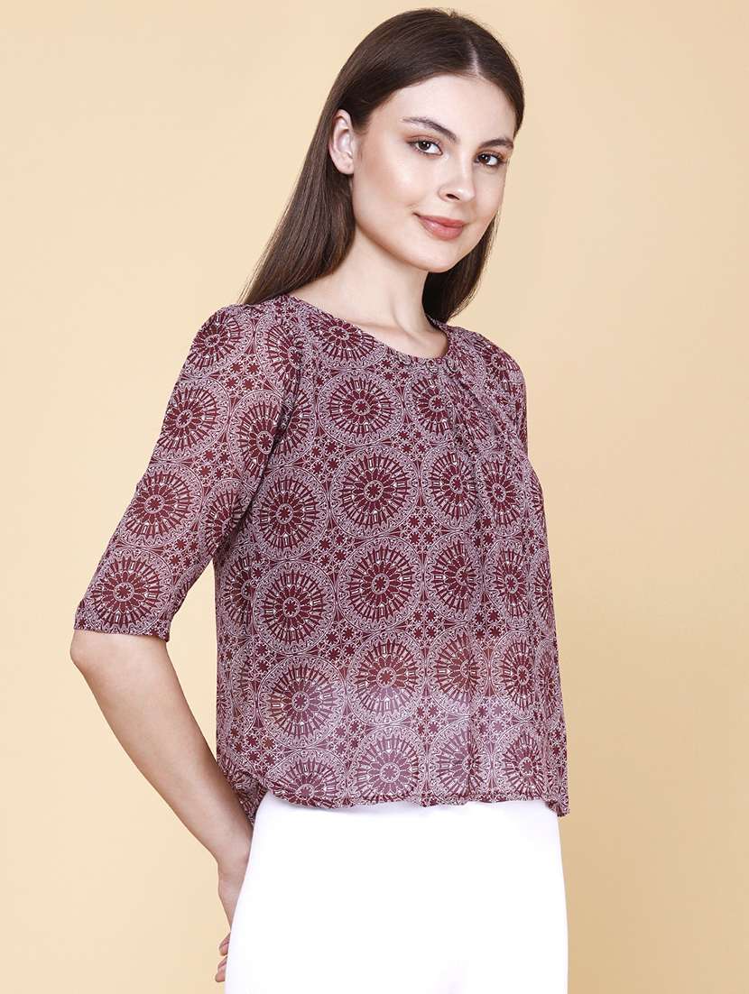 women printed round neck three quarter sleeves top - 22439445 -  Standard Image - 3