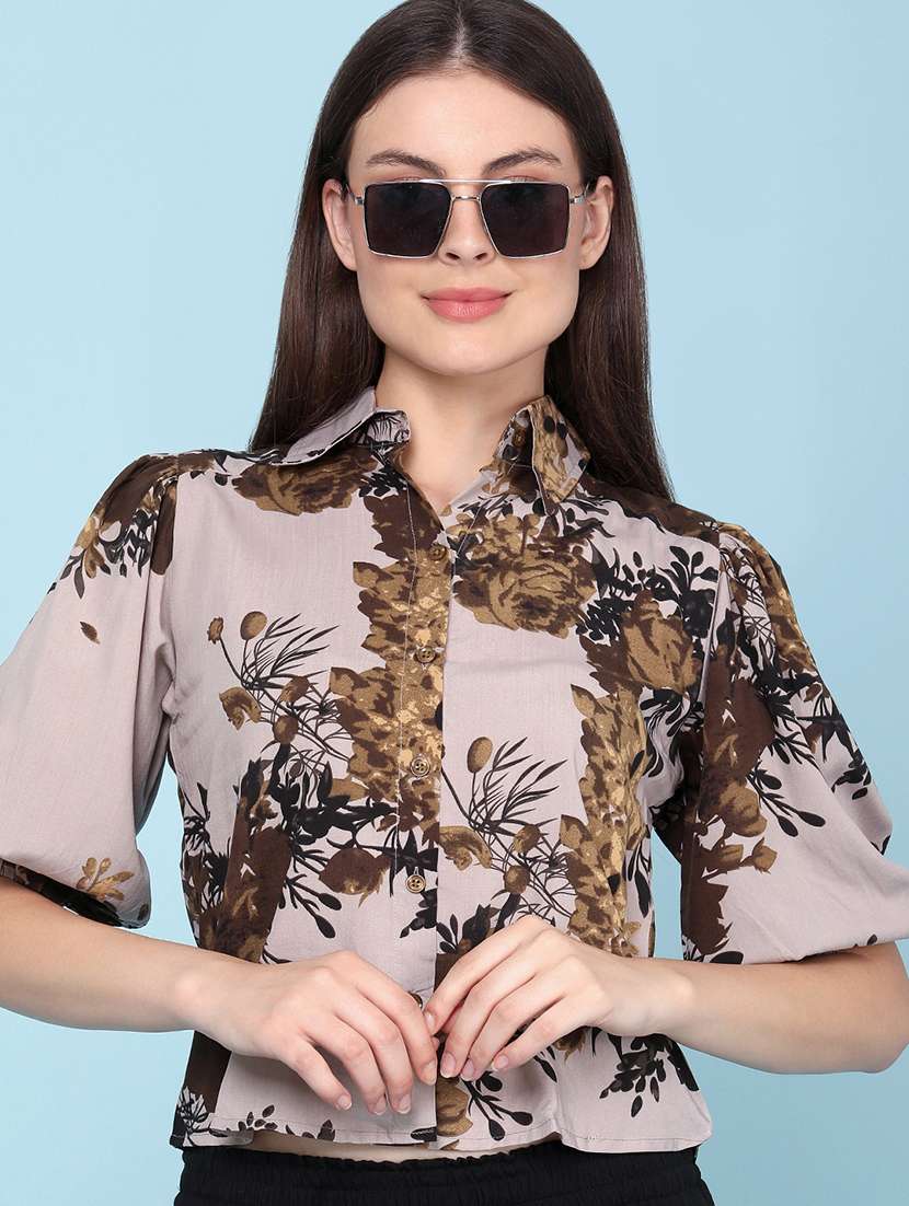 women printed puff sleeves collared regular shirt