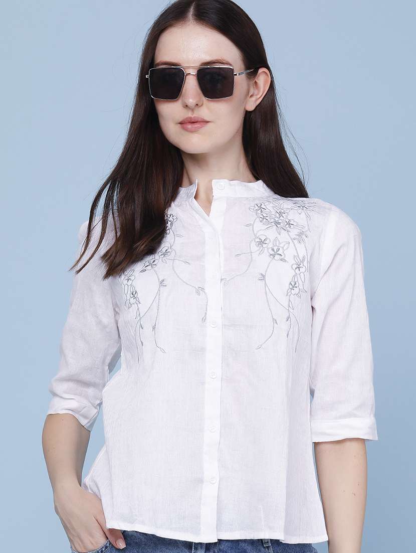 women embroidered mandarin neck regular shirt