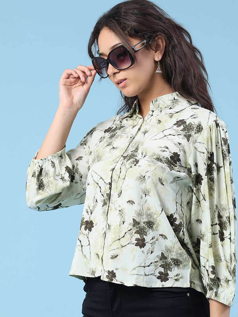 floral print mandarin collar light green cotton shirt